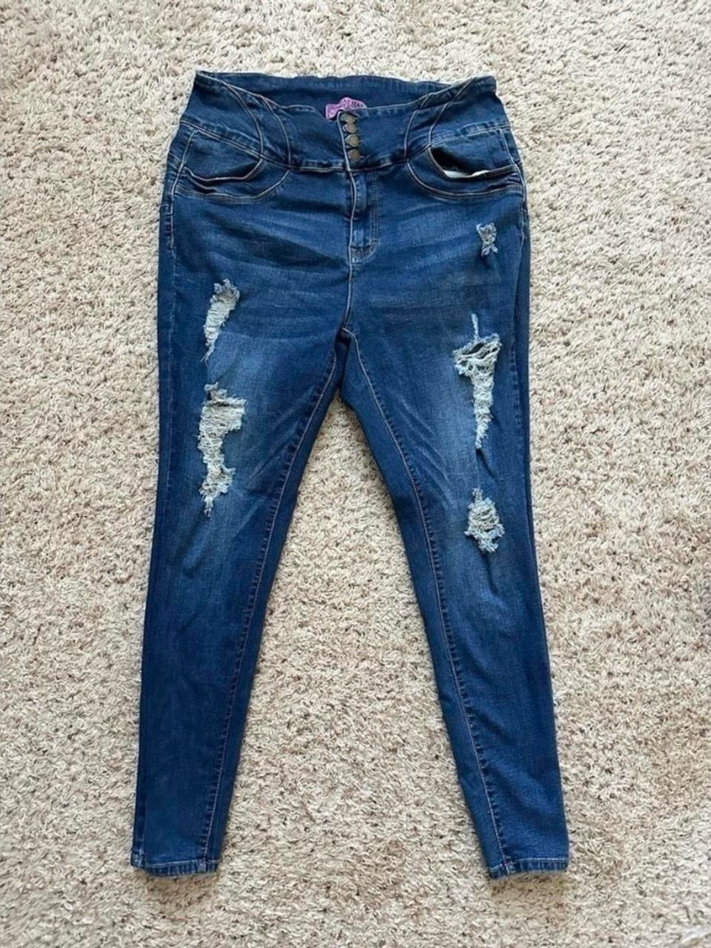 Wax Jeans Butt I Love You Distressed High Wasted Button-Fly Jeans Stretch Sz 18